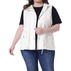 Plus Size Utility Sleeveless Anorak Cargo Drawstring Vest White
